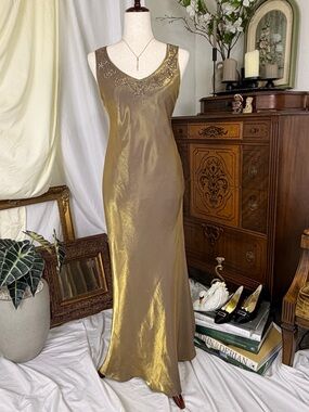 VTG 90s Alex Evenings Liquid Metallic Gold Slip Dress Gown Maxi Prom 4 Formal